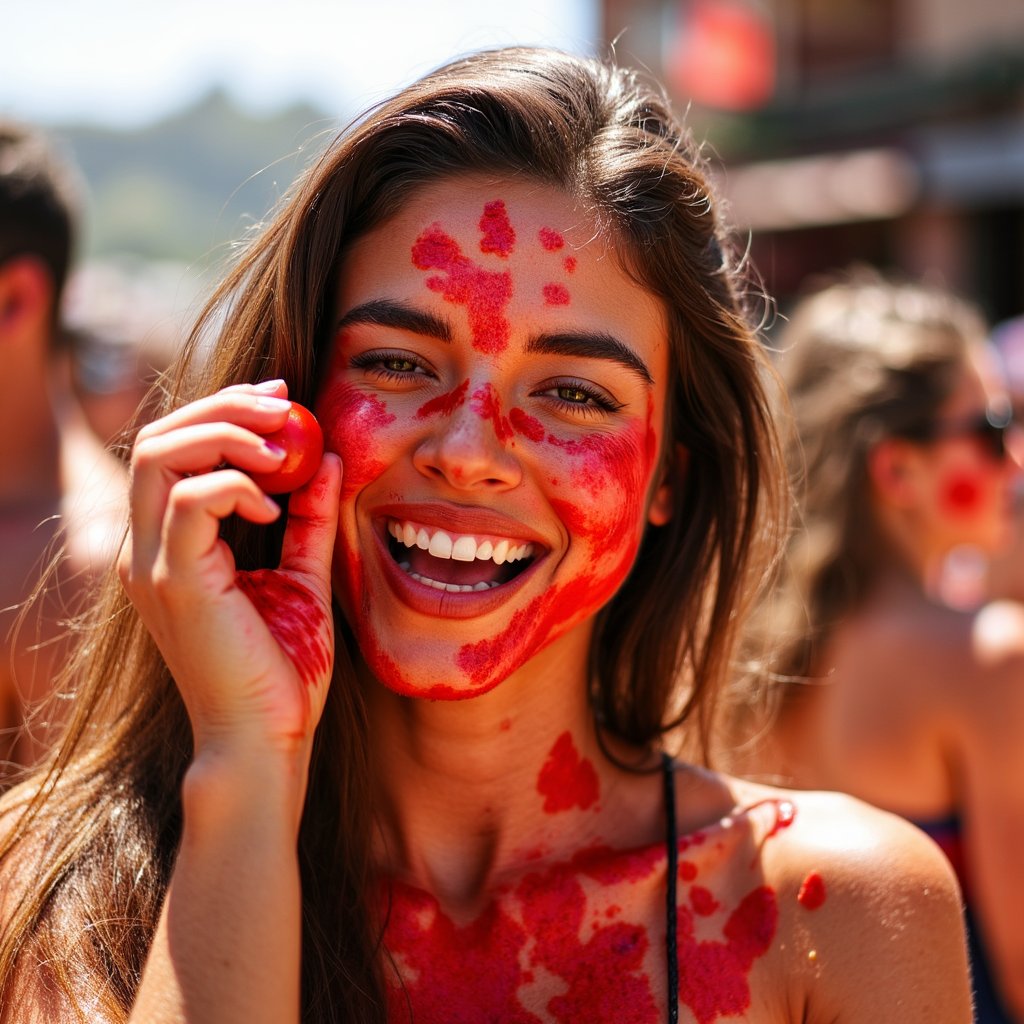 Portrait of a woman holding a crushed tomato up to the camera, cheek stained with pulp, smiling boldly, colorful La Tomatina energy