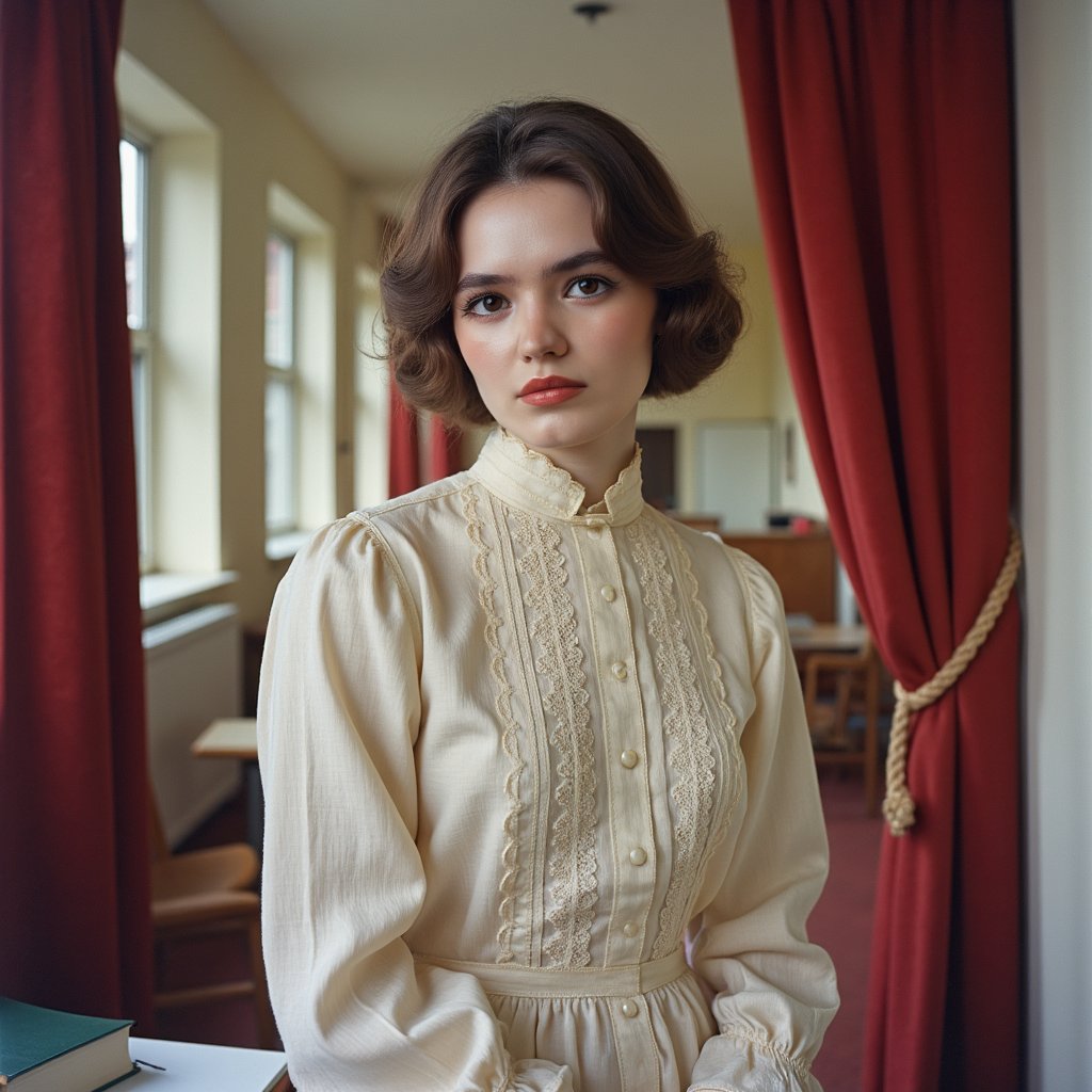 1960s yearbook portrait of a female drama student in costume, framed chest-up with a 70mm lens. She wears a high-necked Victorian-inspired blouse in cream satin with lace trim at the collar and cuffs, the fabric showing fine sheen and fold shadows under warm stage lighting. Her hair is styled in a Gibson roll updo, soft tendrils framing her face. Makeup is subtly theatrical — rosy blush on the cheeks, a thin eyeliner wing, and deep red lipstick. She gazes intently just past the camera, expression poised yet dramatic. Skin is rendered with visible fine lines at the eyes, and natural pores along the cheeks. Behind her, blurred red velvet stage curtains provide rich texture, with a faint gold rope tie visible at one edge.