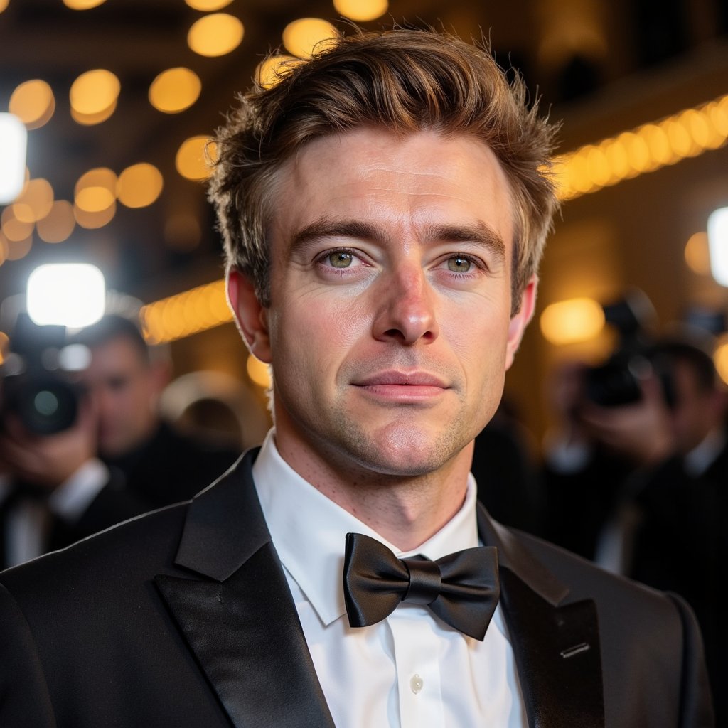 A distinguished male actor posing on the Academy Awards red carpet, captured in a waist-up portrait with a straight-on camera angle for a classic editorial look. He is dressed in a perfectly fitted black tuxedo with a satin lapel, white dress shirt, and black bow tie, fabric showing realistic folds and texture. Hair is neatly styled with a subtle side part, natural volume, and a clean finish. Facial features are sharp with realistic skin texture, visible pores, light stubble, and natural imperfections for authenticity. Lighting is balanced red carpet lighting with soft frontal illumination and gentle highlights along the jawline and shoulders. Background is softly blurred with golden ambient lights, camera flashes, and the iconic awards event atmosphere. Composition is centered and symmetrical, cinematic color grading, professional exposure, sharp focus, realistic depth, highly detailed, highly realistic, HDR quality.