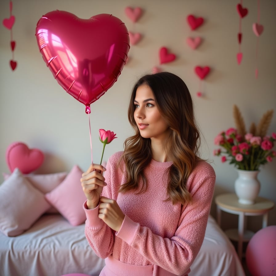 A model wearing a cute, pink Valentine's Day sweater, holding a heart-shaped balloon in a room filled with romantic decorations.