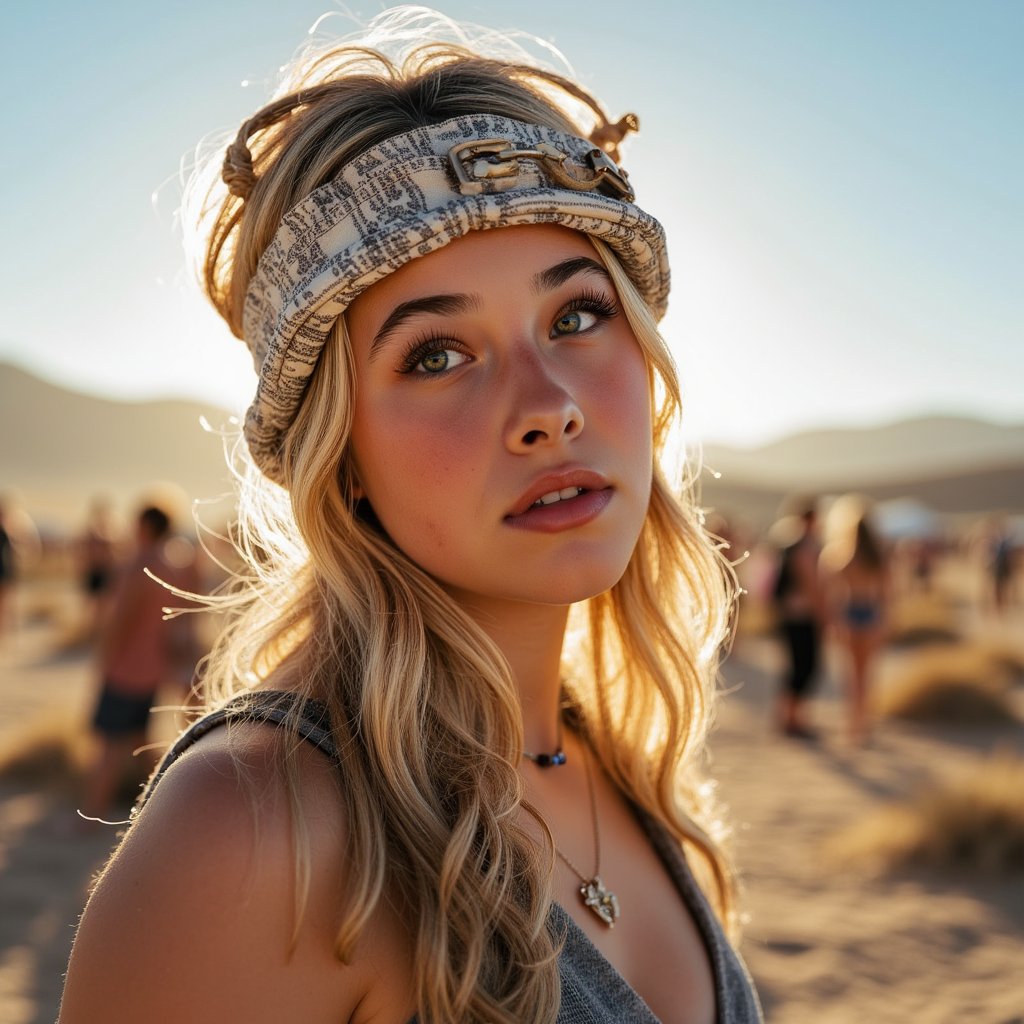 woman in a visually powerful, artistic look reflecting the energy of Burning Man. The atmosphere captures the desert’s dreamlike quality with soft haze, glows, and filtered sunrays. Elements like layered textures, metallic accents, or desert-style accessories enrich the aesthetic. Her presence feels otherworldly and self-expressive. Studio-style lighting blends dramatic highlights with warm ambient tones. Hyper-detailed, sharp focus, glowing depth, mystical energy.