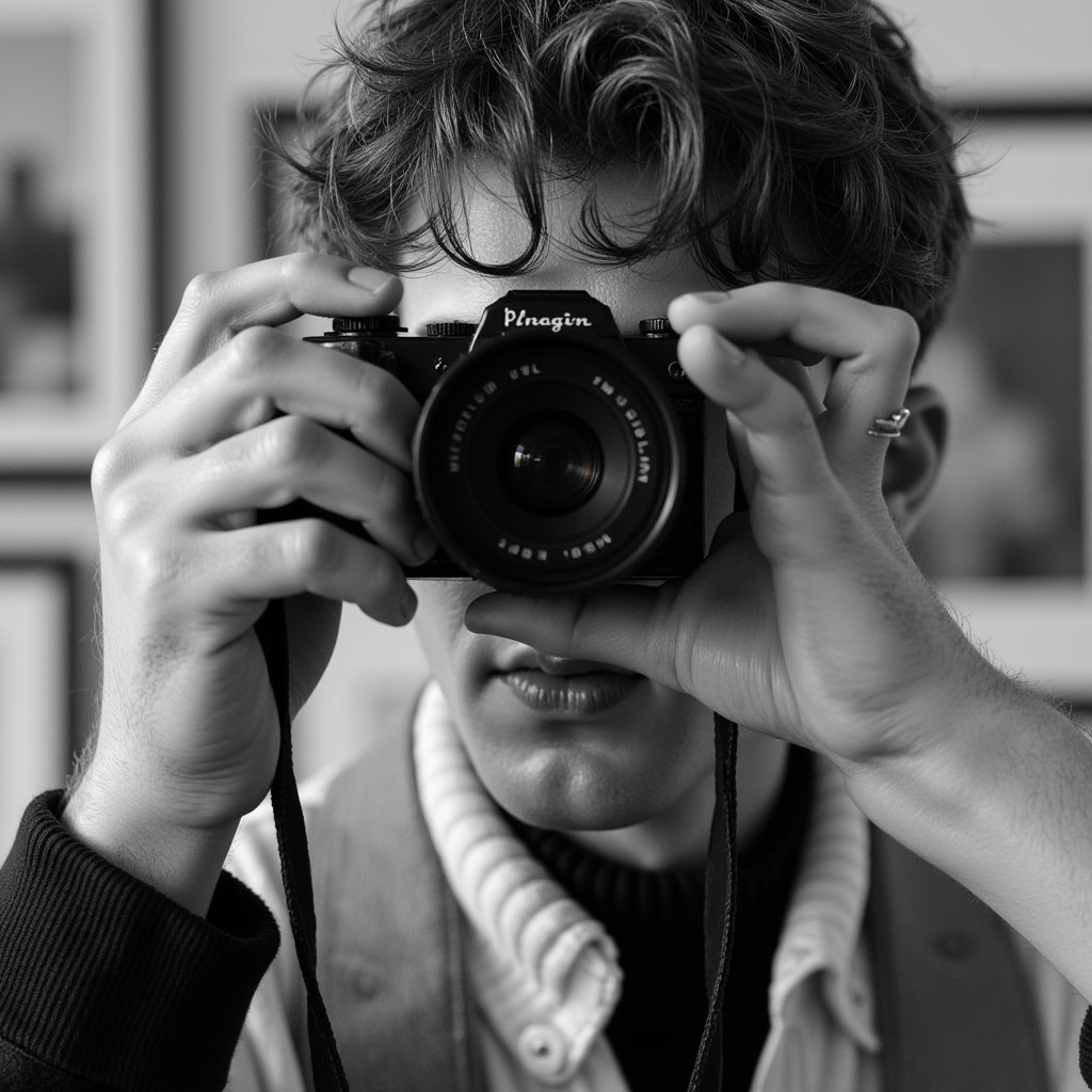 Classic black and white headshot of a focused photographer peering through the viewfinder, timeless expression, elegant lighting, World Photography Day concept