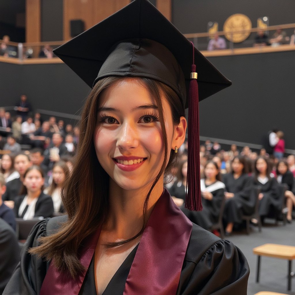 Portrait of a woman graduate, tight head-and-shoulders framing, wearing a matte black graduation gown with a burgundy satin stole and a fitted mortarboard (tassel draped on the right, silk threads visible); soft waves hairstyle tucked behind one ear, subtle natural makeup with defined lashes and soft rose lip; gentle confident smile, eyes bright; camera straight-on at eye level with a slight 3/4 shoulder turn; 85mm lens, f/2, ISO 100, 1/200s; clamshell lighting (large softbox above-camera + silver reflector below) for even skin, delicate catchlights; seamless dark gray backdrop with a faint, out-of-focus university seal pedestal off to one side; textures visible in the gown’s matte crepe folds and the stole’s satin sheen; minimal clutter, shallow depth of field, clean bokeh, ultra-sharp eyes, highly detailed, highly realistic, HDR.