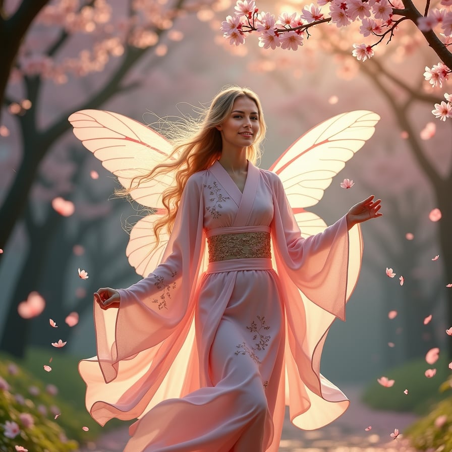 A magical fairy-like woman with flowing pastel hair dances among floating cherry blossoms in an ethereal, enchanted forest. Her translucent wings catch the golden light, and tiny glowing particles follow her movements