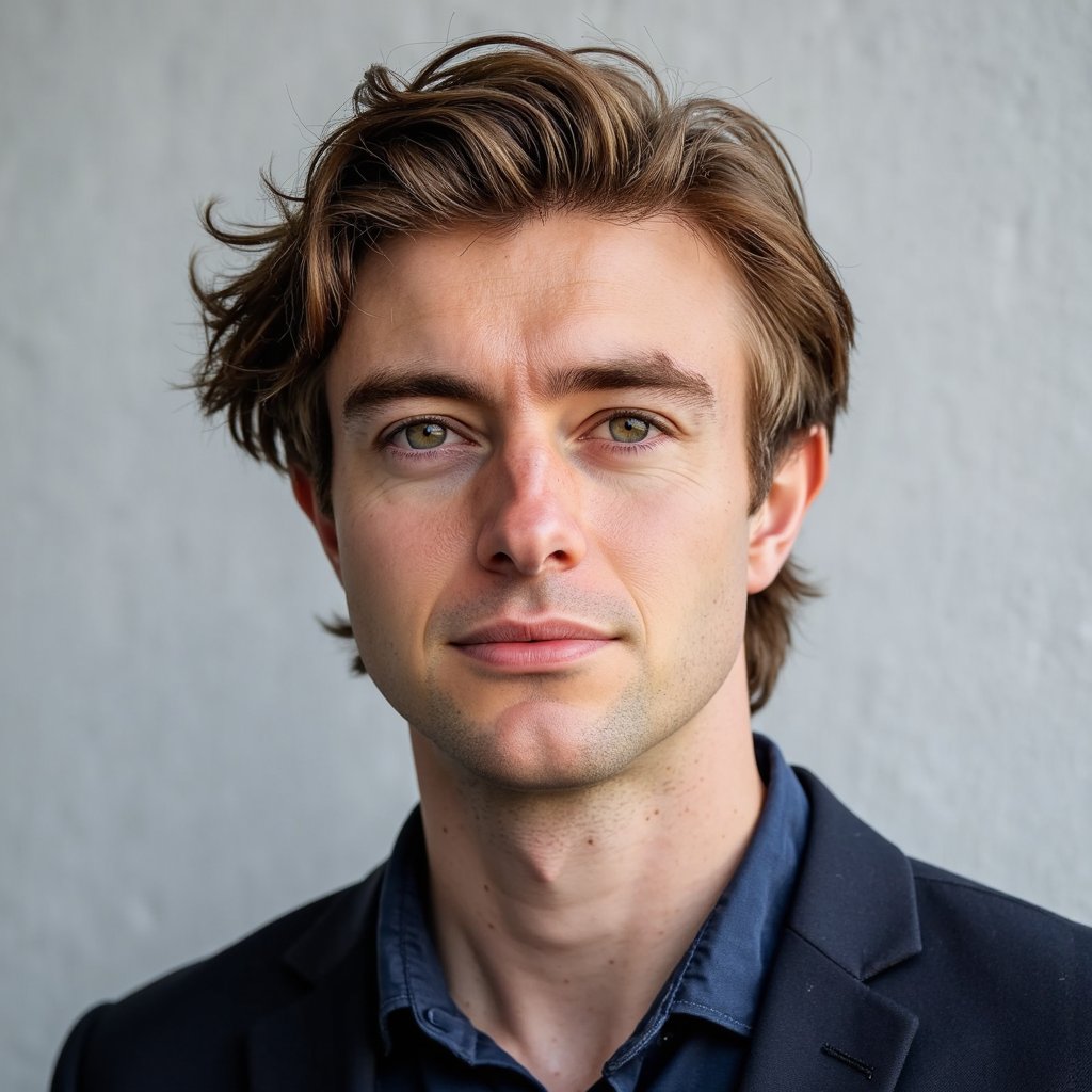 A highly realistic, highly detailed HDR passport photo of a man in his late 20s. He has medium-length wavy brown hair brushed backward neatly and a clean-shaven face. He wears a deep navy button-down shirt with a subtle cotton weave texture. Lighting is soft and frontal, with a mild vignette on the background. Background is light gray with an extremely subtle darkening toward the edges, still very clean for passport norms. Camera angle is straight-on, perfectly level with his eyes. His expression is neutral, mouth relaxed, eyes forward. Micro-details include shirt fibers, subtle skin texture, and natural highlights on the hair. Crisp, refined, and professional.