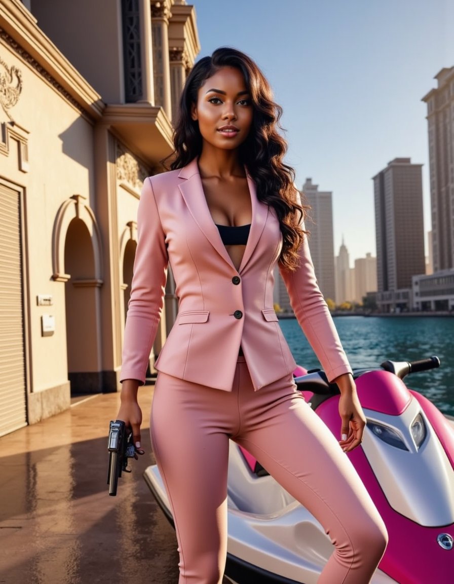 A woman in her late 20s, with an athletic yet toned physique, stands confidently in a powerful pose, her body angled slightly forward. She wears a pastel pink power suit with a fitted blazer, showcasing her curves, and high-waisted trousers that accentuate her long legs. The suit's fabric appears luxurious, catching the light and showcasing a subtle sheen. Her long, raven-black hair cascades down her back, a few loose strands framing her heart-shaped face. Her makeup is bold yet sophisticated, with a subtle smokey eye and nude lips. Her eyes, a piercing emerald green, sparkle with a hint of mischief. She wears stiletto heels that elevate her presence, making her seem even more formidable. In her right hand, she grips a sleek pistol, its metallic surface reflecting the warm golden light. The setting is an Art Deco cityscape, with ornate buildings featuring geometric patterns and metallic accents. The golden hour casts a warm glow over the scene, with long shadows stretching across the ground, and the city's vibrant nightlife beginning to emerge. Her gaze is directed straight ahead, exuding a sense of determination and danger.