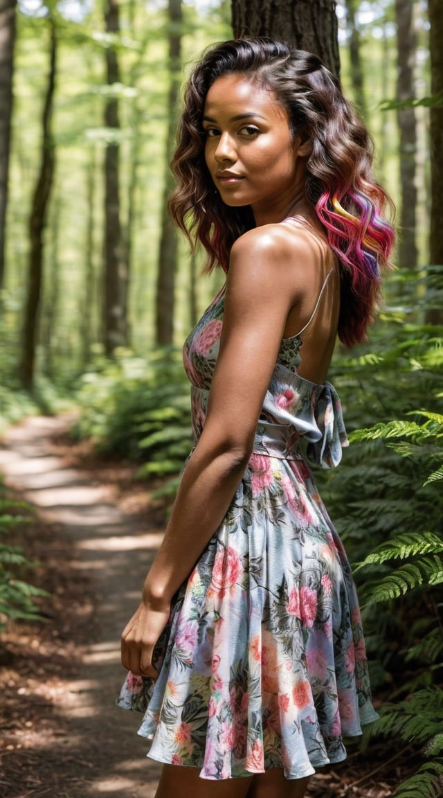 Energetic tropical adventurer, rainforest backdrop, lush greenery, and waterfalls.