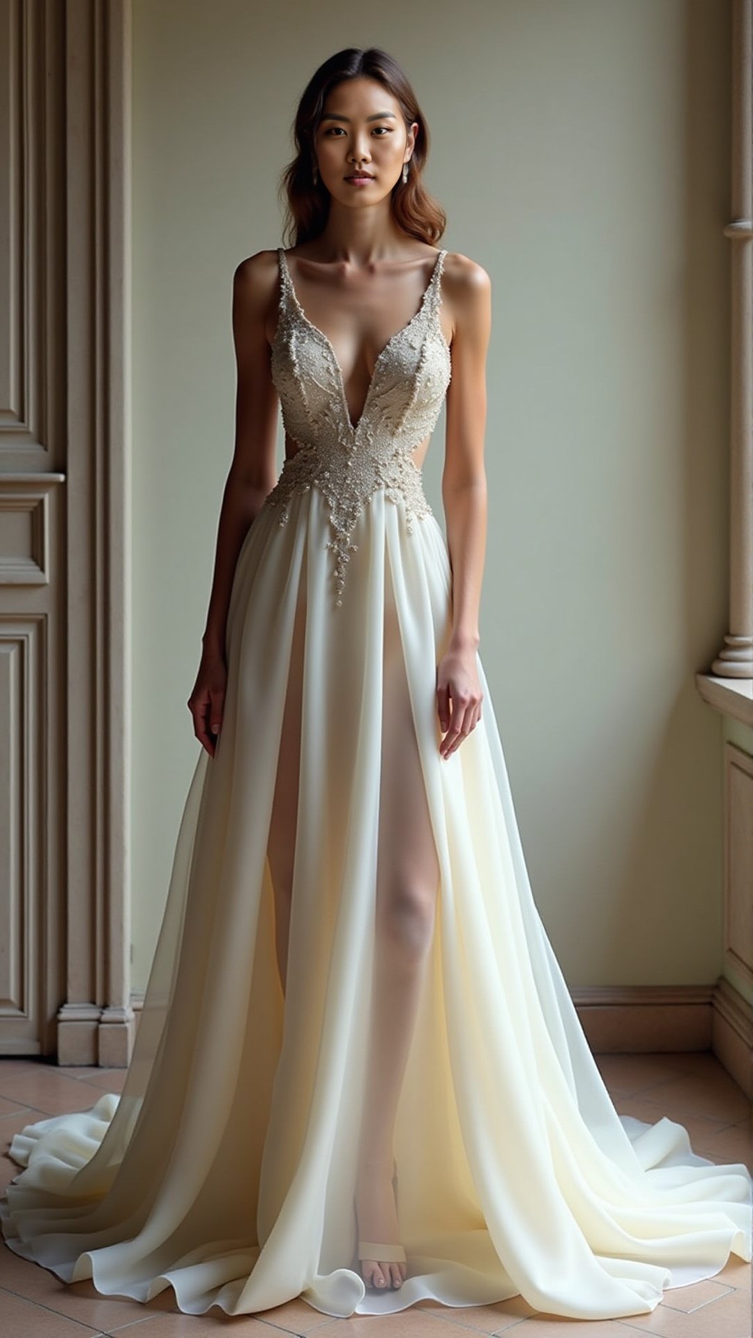 Stunning woman, multi-colored gown, plain wall, professional shot.