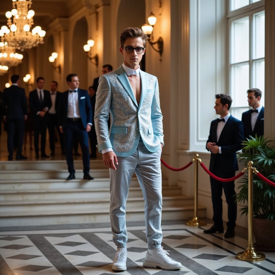 A man in a translucent vinyl suit layered over a neon mesh bodysuit, accessorized with diamond-encrusted sunglasses and platform boots, Met Gala runway