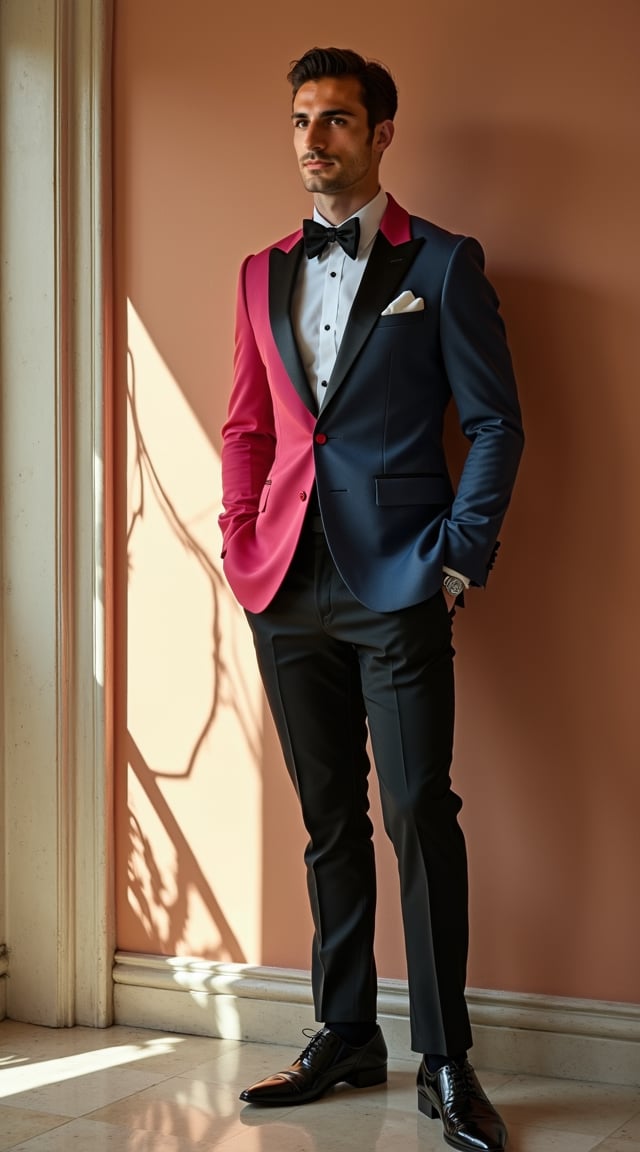 Man in bold tuxedo, luxurious home, soft sidelight.