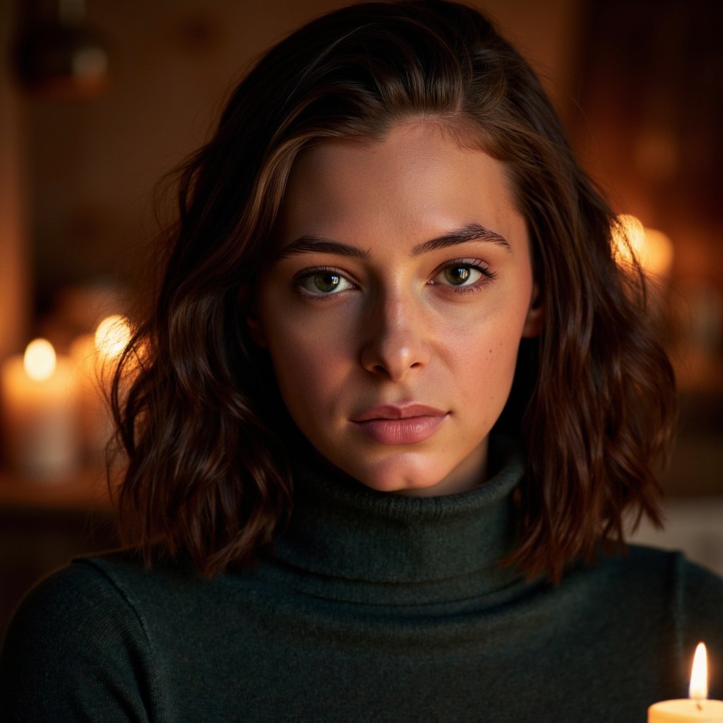 Highly detailed, highly realistic, hyperrealistic HDR close-up portrait of a woman (female, 40 yrs) illuminated by warm candlelight. Camera straight-on, tight head-and-shoulders framing. She wears a dark forest-green wool turtleneck sweater, texture clearly visible in soft folds around the neck. Her hair is mid-length, softly curled, dark brown with auburn undertones catching the candle glow. The background fades into rich darkness with bokeh from two small candles. Her expression gentle, eyes reflecting golden light. Visible skin texture, fine facial hair, soft sheen on lips, and subtle catchlight in eyes. Warm cinematic contrast, candlelight realism. HDR, high resolution, high quality, highly detailed, photorealistic.
