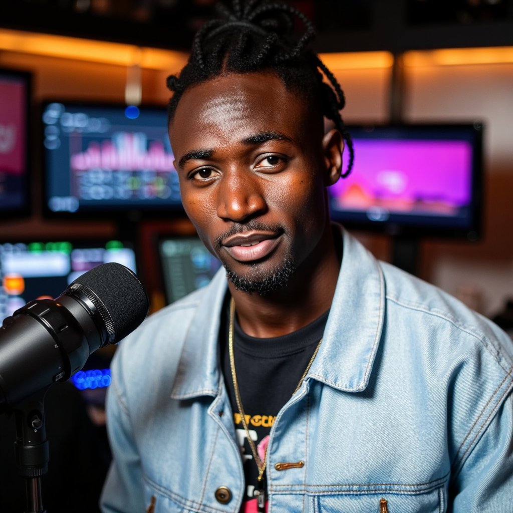 Highly detailed, highly realistic, HDR, 8k radio DJ in booth; camera: 35mm, f/2, over-the-shoulder framing toward subject; lighting: dim booth practicals with small LED edge light; pose: speaking into suspended condenser mic, one hand on fader; attire: denim jacket with copper stitching over graphic tee; hair: messy top knot with loose strands; facial detail: focused eyes catching monitor glow, subtle skin texture; background: blurred mixing console LEDs and waveform screen, minimal clutter, cables tidy.