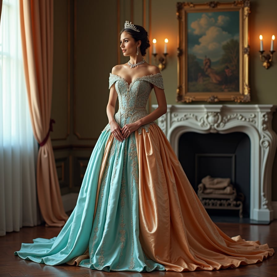 Royalty Inspired: The model is dressed in regal attire, such as a majestic gown or a sophisticated suit, with intricate accessories. She poses in a grand, historical setting, like a palace or a stately home, embodying the elegance and poise of royalty.