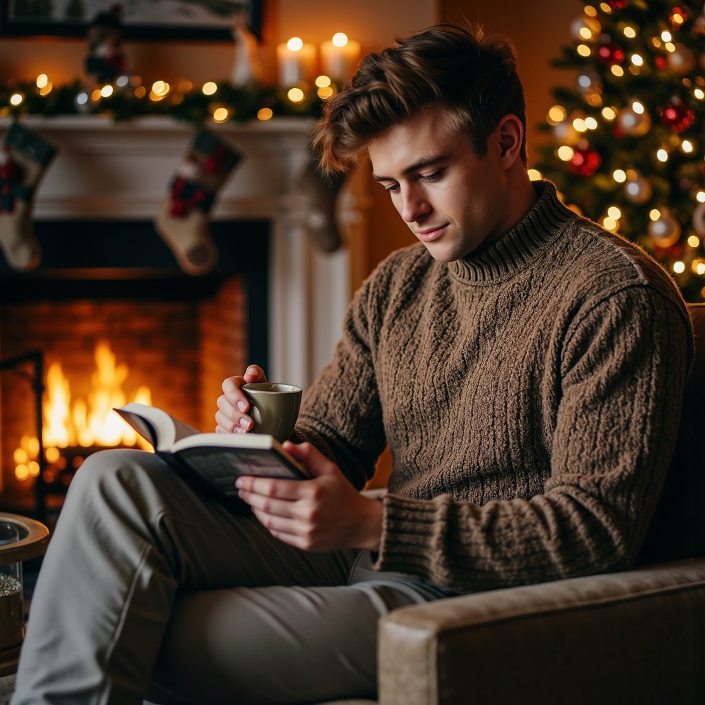 close up of a man in a relaxed turtleneck sweater and comfortable trousers, sitting in an armchair near a fireplace with a decorated christmas tree off to the side. he holds an open book in his lap, looking down at the pages with a calm, absorbed expression. a simple mug of hot drink rests on a small side table next to him. the fireplace casts a warm, directional glow across his face and hands, while the tree lights add soft highlights and subtle reflections on nearby ornaments. the background remains uncluttered, with just a hint of mantle decor and shadows. rich contrast between deep shadows and warm highlights gives the scene a cinematic, intimate feel. three-quarter portrait composition, ultra-detailed, highly realistic, hdr.