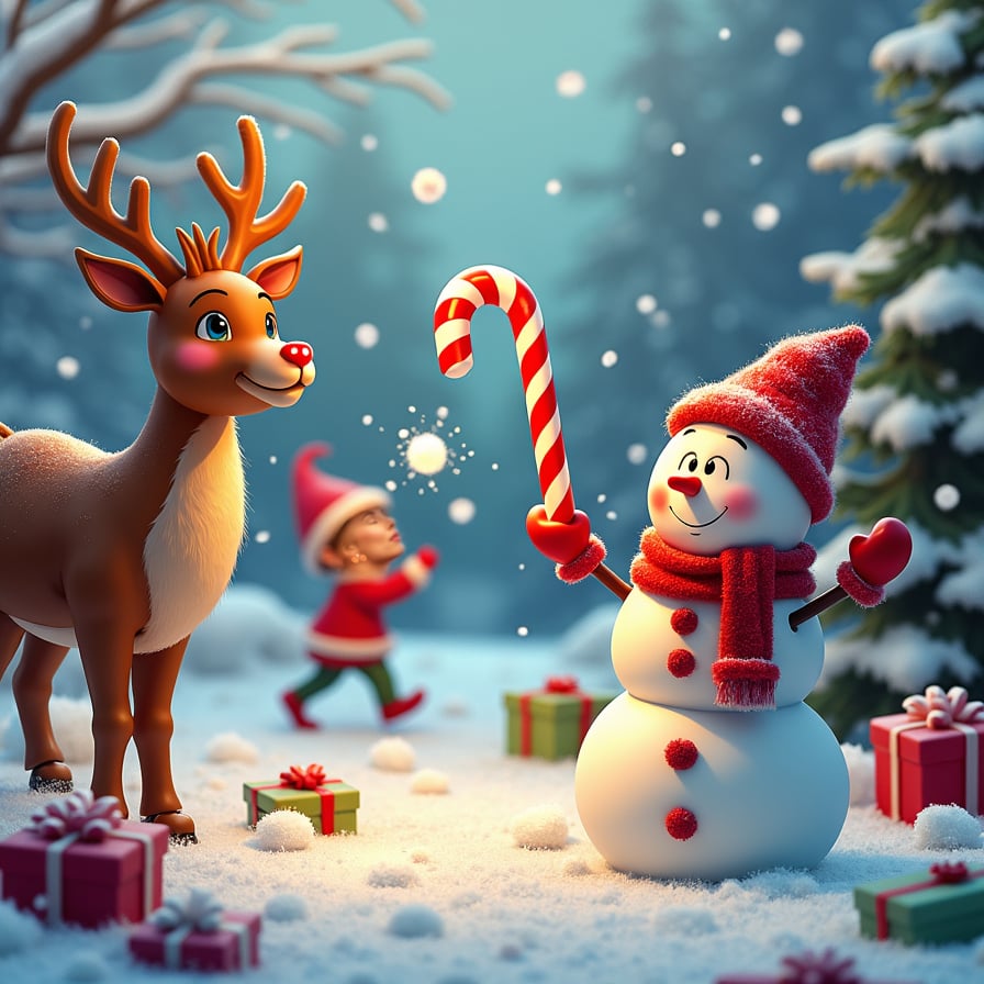 A whimsical outdoor scene featuring cheerful reindeer with glowing noses, playful elves tossing snowballs, and a jolly snowman wearing a brightly colored scarf and hat. The setting is vibrant, with oversized candy canes and colorful presents scattered around.