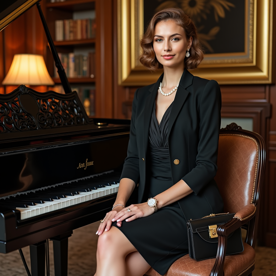 woman seated at a grand piano or near a gilded mirror. She is styled in a 1920s 