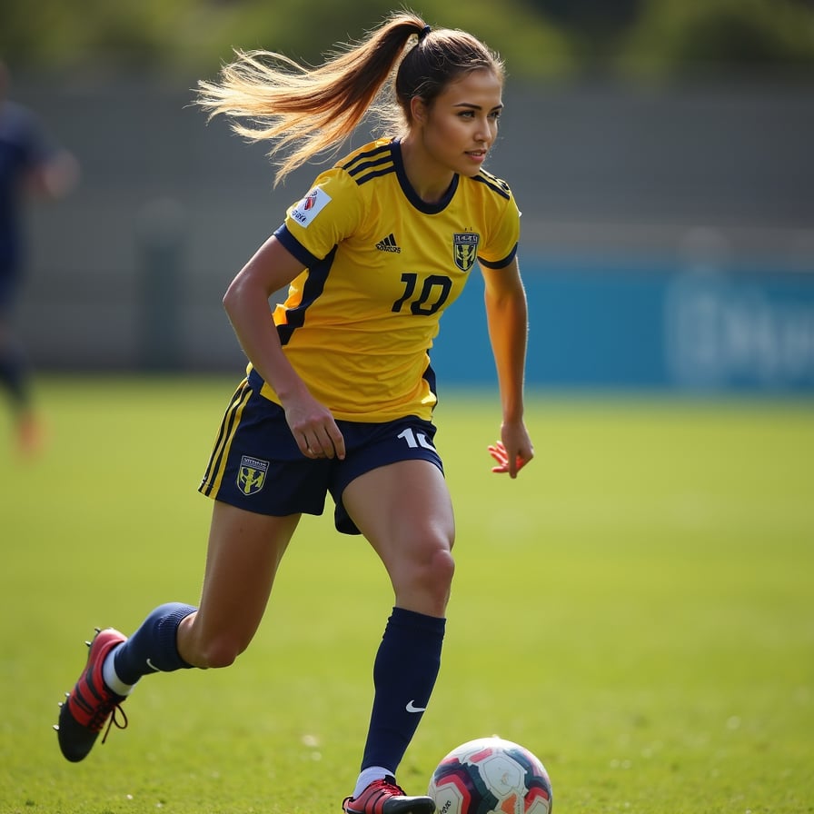Athletic woman playing soccer, dynamic pose, sunlit field.
