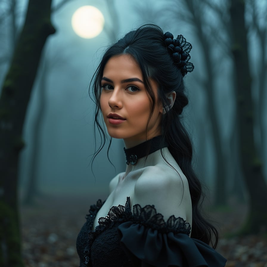 woman with porcelain skin and dark eyeliner, donning a luxurious Victorian-era inspired gown with intricate lace details, posing in a dimly lit, mysterious forest setting with subtle mist, under the soft glow of a full moon