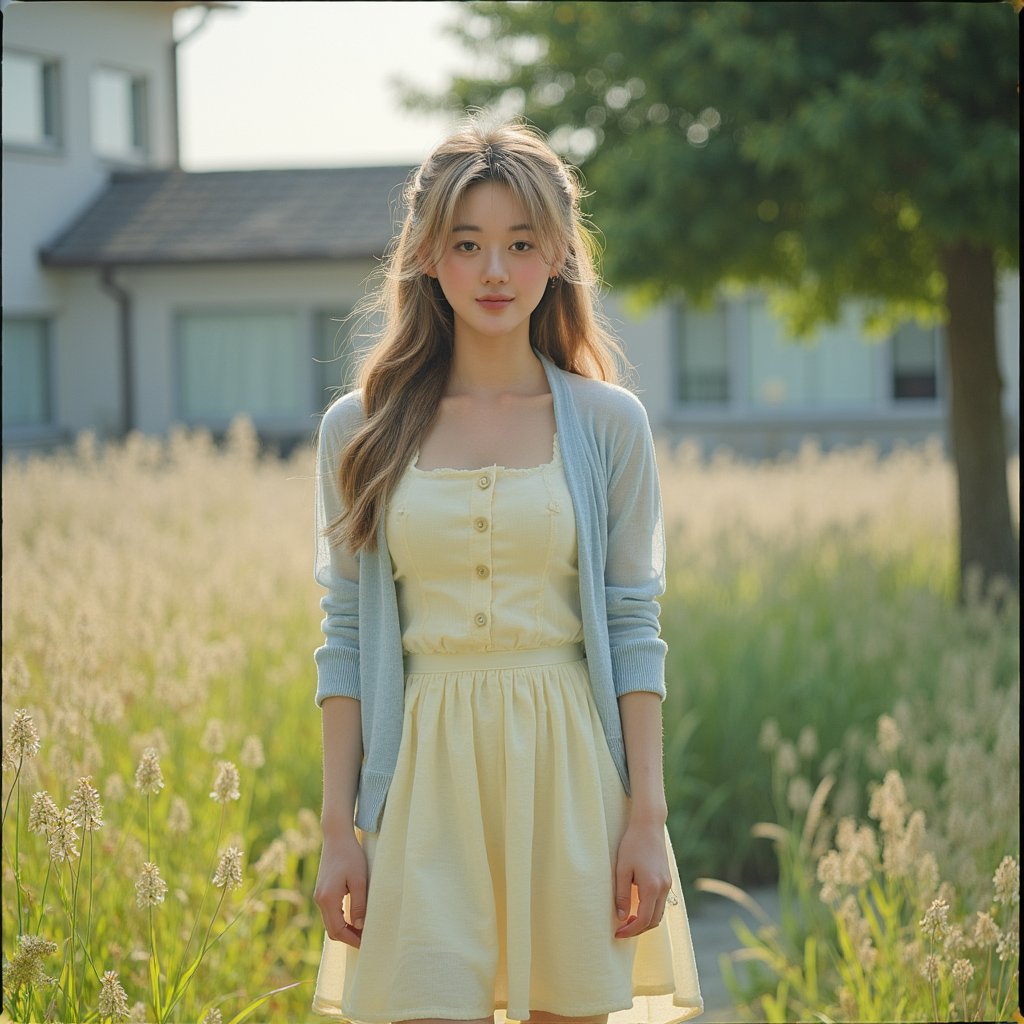 Ultra-realistic 1960s senior girl portrait taken outdoors in a meadow near the school, framed from the waist up with a 55mm lens at f/2 for creamy bokeh. She wears a pastel yellow A-line dress in lightweight cotton, the weave faintly visible, with a thin white belt cinching the waist. A lightweight cardigan in pale sky-blue is draped loosely over her shoulders. Her blonde hair is styled in a half-up twist with curled ends, a small white daisy tucked into one side. Her expression is serene, lips softly parted, gaze lowered toward the ground as if lost in thought. Sunlight filters through tall grass, casting delicate shadows along her dress and forearms. Background is a warm blur of wildflowers and school fencing far in the distance, barely perceptible.
