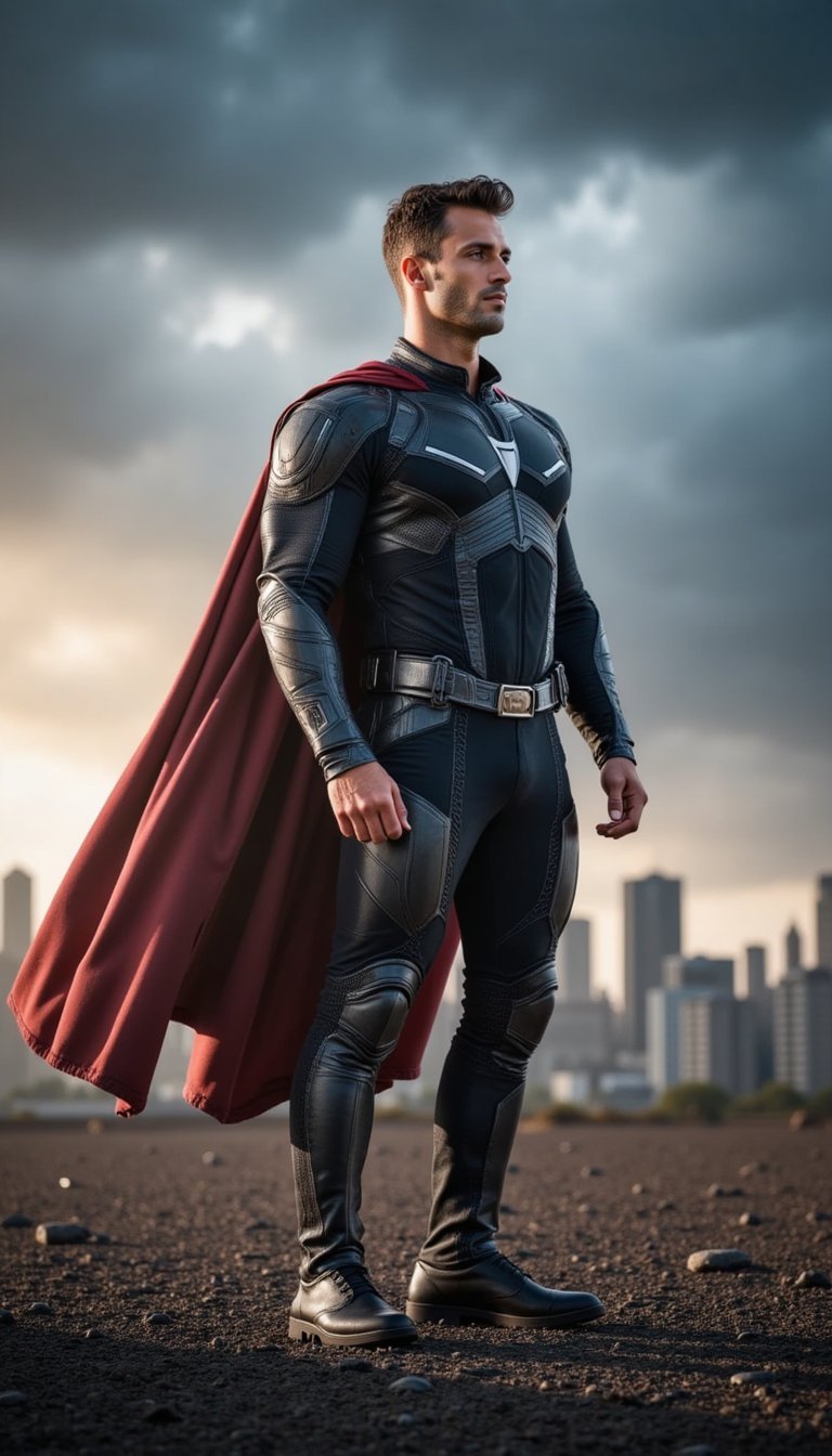 A next-gen superhero stands tall against a stormy skyline, cape fluttering slightly in the wind, jaw set with resolve. Their outfit is minimal yet high-concept, blending armor with utility. The shot is wide-angled and dramatic, evoking Marvel-style poster imagery.
