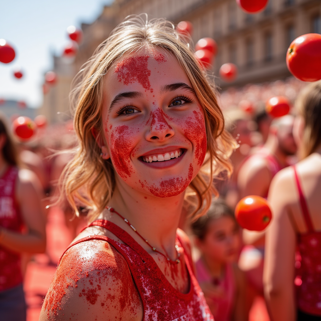 Candid headshot of a young festival-goer surrounded by flying tomato pieces, red