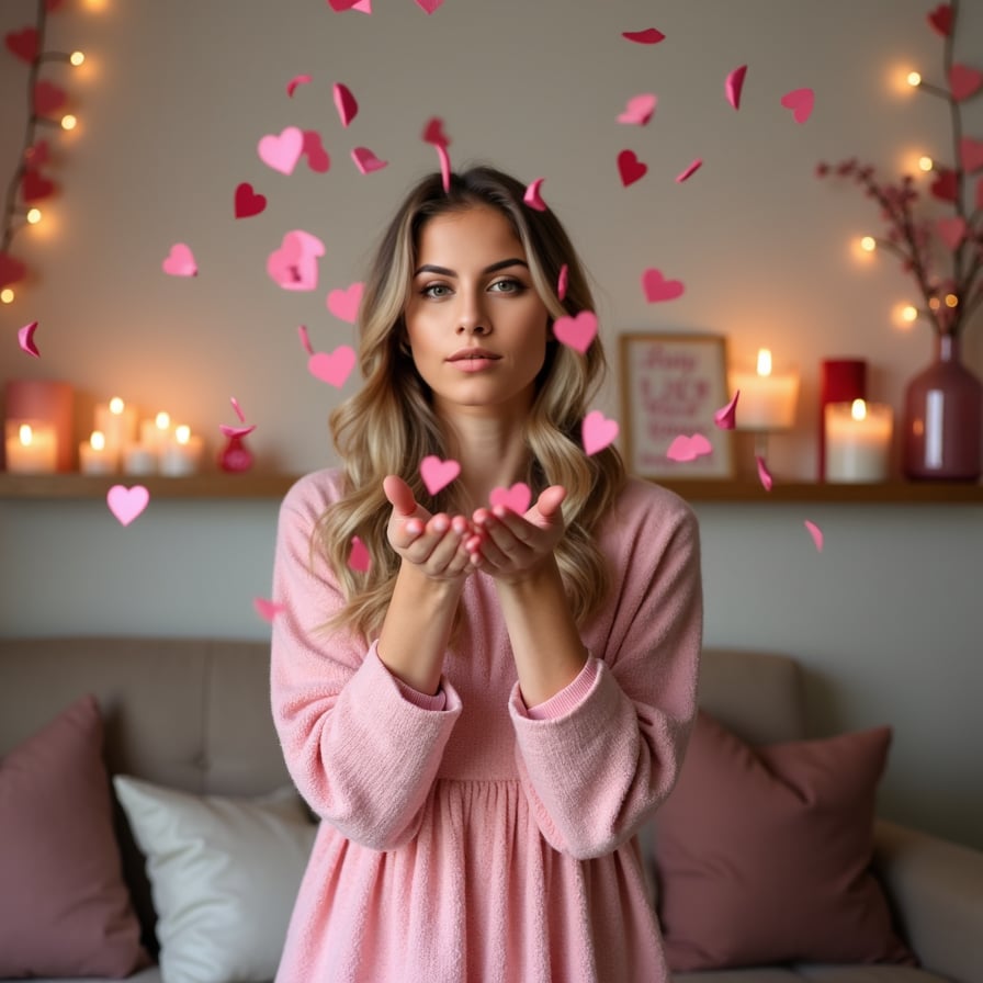 A model blowing heart-shaped confetti into the air, wearing a sparkly pink dress, standing in a room decorated with romantic garlands and candles.