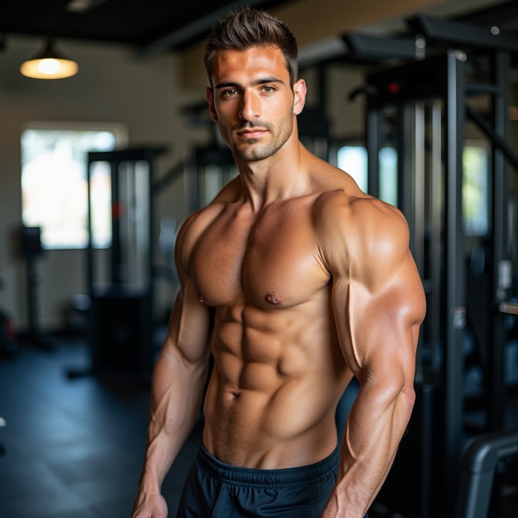 Muscular man, gym setting, confident pose, athletic, natural lighting.