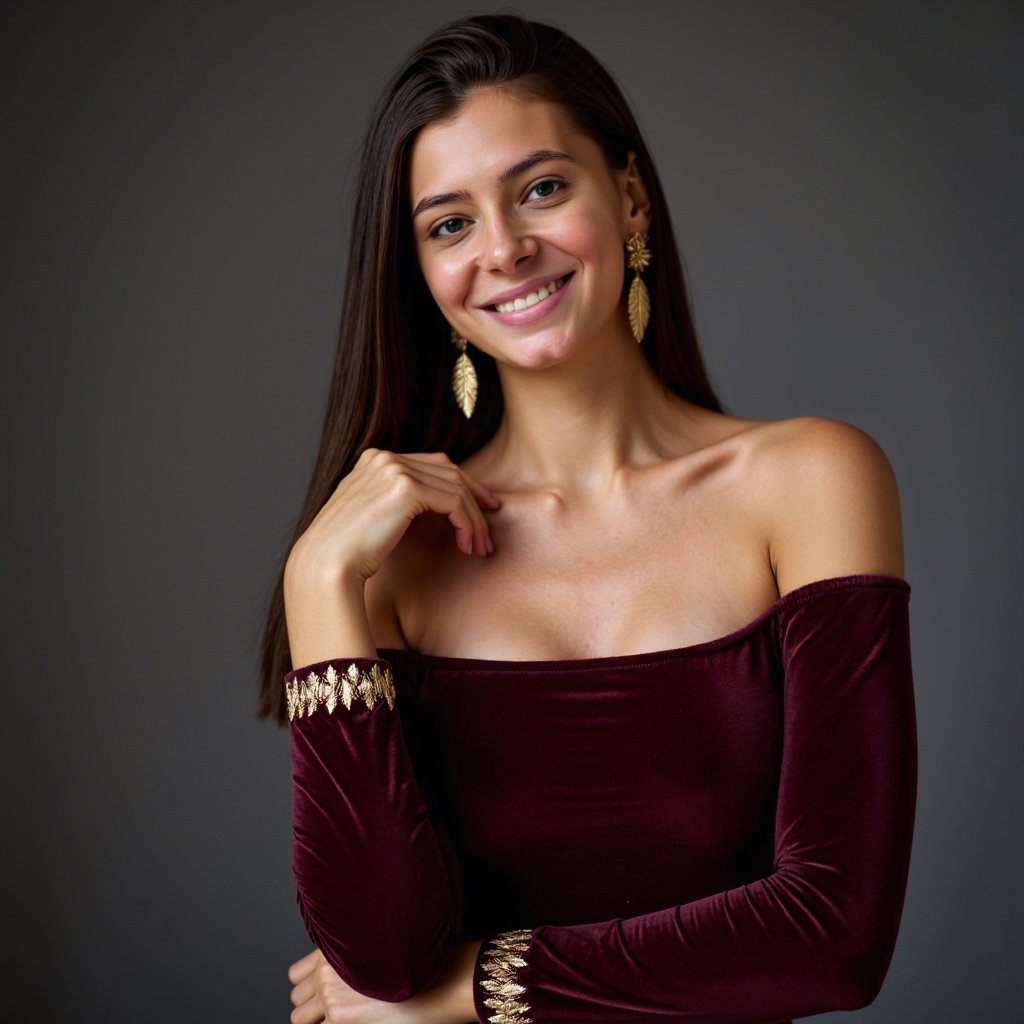Highly detailed and highly realistic HDR image of a young Latina woman (female, ~30 yrs) captured waist-up in a studio environment. Camera angle slightly low (looking up ~5°) to emphasise confident pose. She wears a deep burgundy velvet dress with off-shoulder neckline and subtle gold embroidery on the cuffs, and long dangling gold leaf earrings. Her hair is jet-black, straight and sleek, parted in the middle, falling just past her shoulders. Studio lighting: three-point lighting setup — key light softbox front left, fill light soft and dim front right, hair light from above to create separation; background is solid charcoal-grey, minimal clutter, slightly faded vignette. Her pose: right hand gently resting on left upper arm, left arm relaxed; facial expression is warm with soft smile, dimples visible. Skin tones are rich and even, texture visible (pores, slight sheen on high cheekbones). The velvet dress fabric shows pile texture catching light, subtle folds across torso. The background is out-of-focus solid colour, no visible props. The image gives elegant celebration-ready Thanksgiving style.