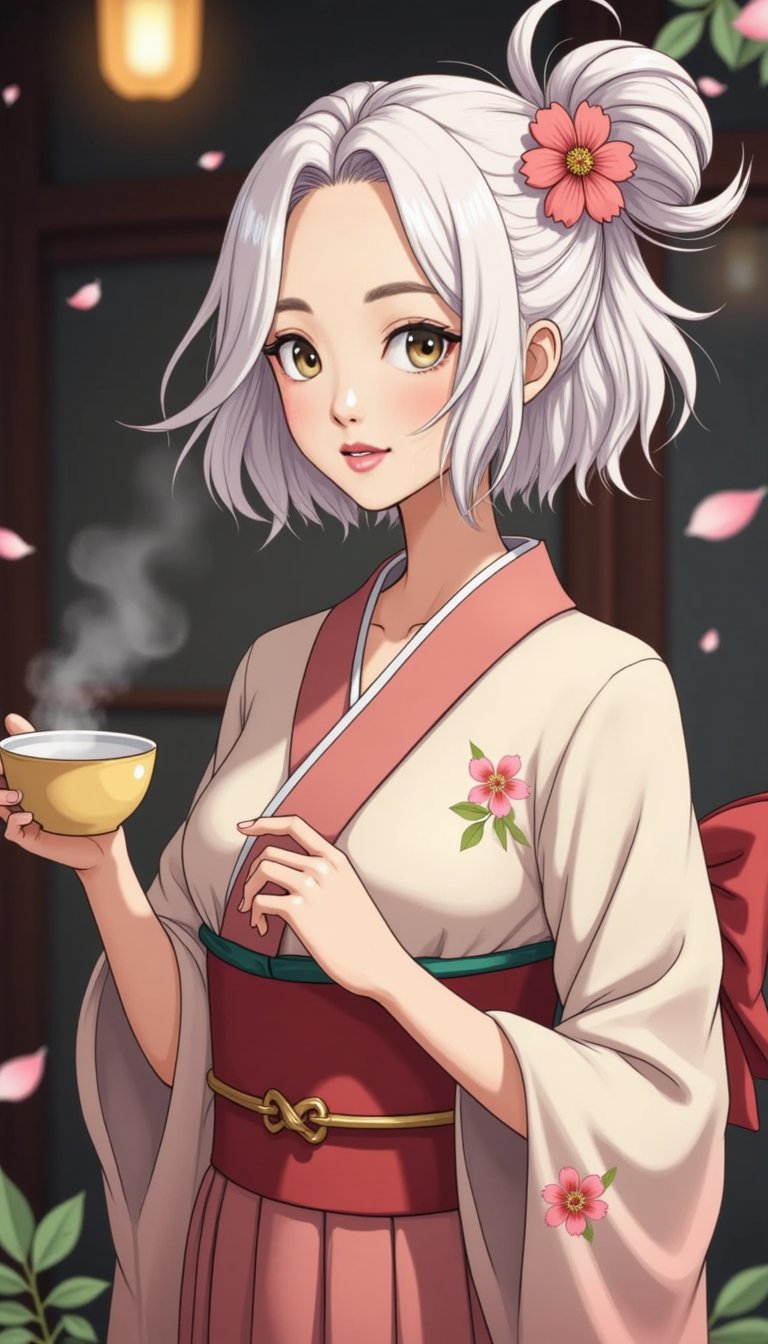 A serene woman with glowing white hair, dressed in a traditional kimono decorated with sakura petals. She serves tea to weary travelers in a mystical tea house hidden between worlds, her eyes holding secrets of a thousand years.