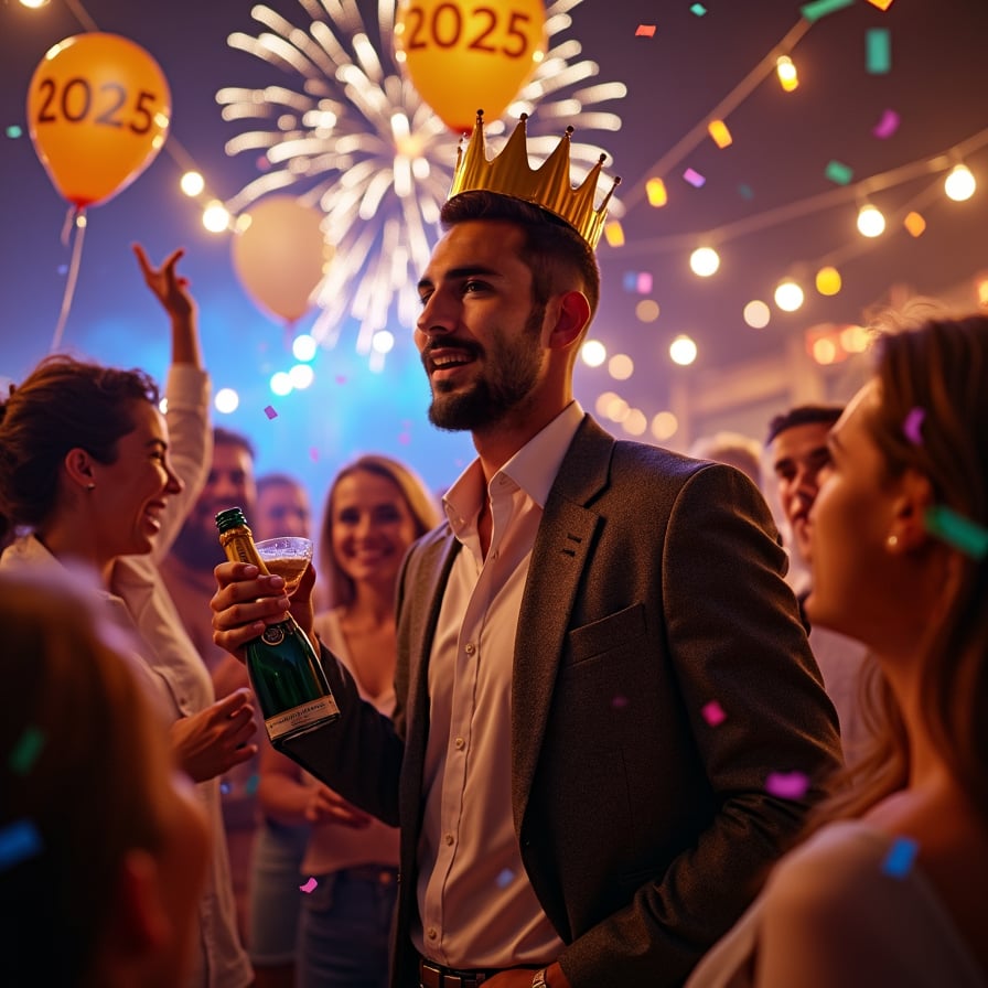 A man surrounded by friends, wearing a paper crown and laughing, holding a drink and looking directly into the camera amidst a lively house party decorated with streamers and balloons reading “2025.