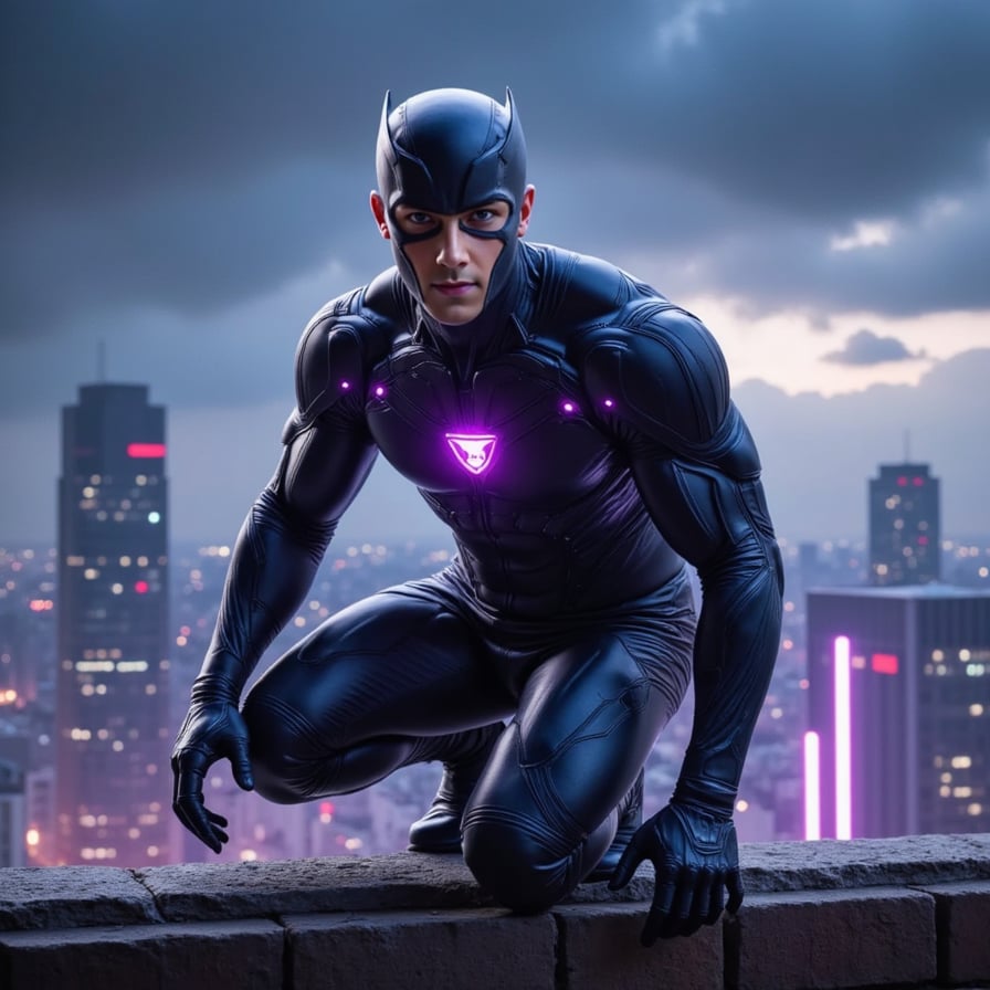 A dark-armored superhero in stealth gear with a violet energy core, crouching on a rooftop ledge at night, storm clouds and city lights in background, cinematic tone