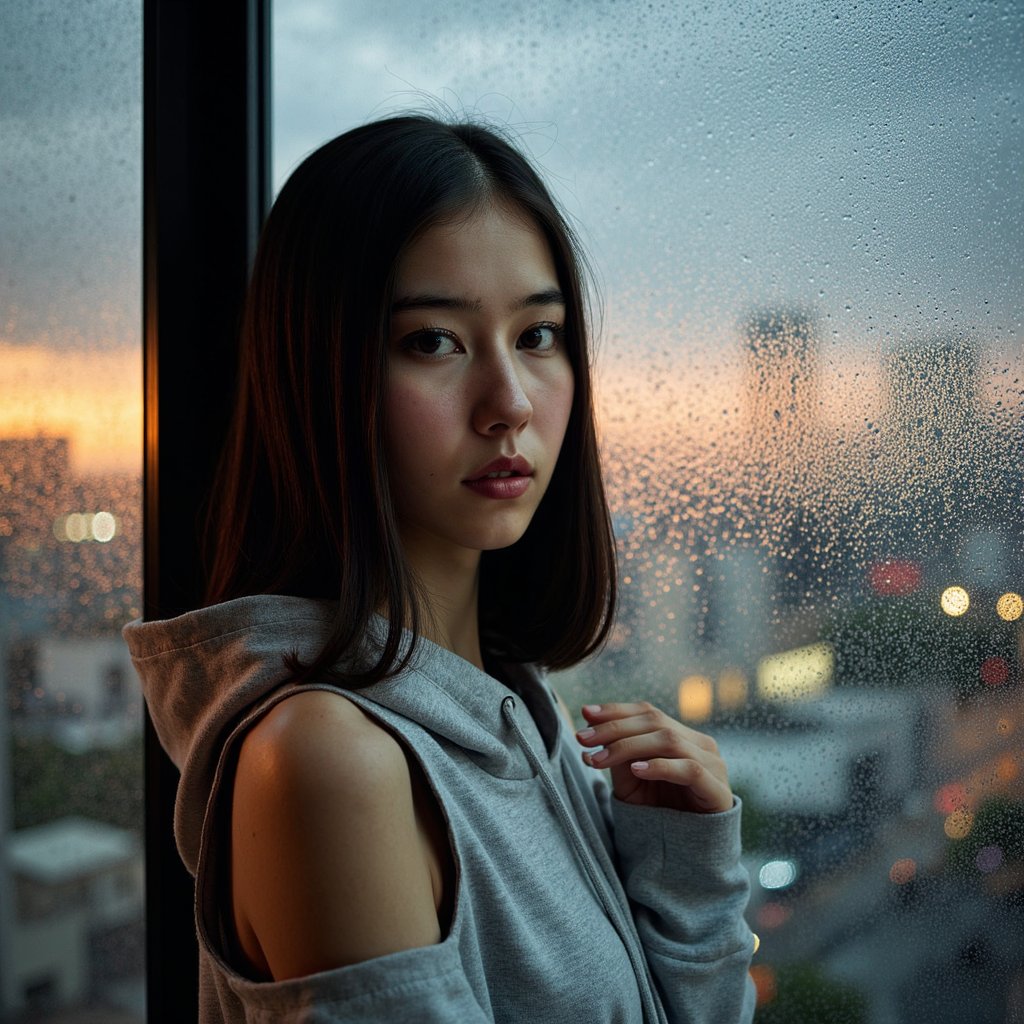 A cinematic emotional portrait of a woman (mid 20s) standing behind a rain-streaked window, tight headshot, camera directly facing her at eye level. Hair: straight shoulder-length hair, tucked behind one ear, slightly frizzy at edges. Face: realistic skin texture, faint acne marks, soft under-eye shadows, lips gently pressed, eyes locked onto camera with reflective sadness. Wardrobe: light gray cotton hoodie, soft fabric texture visible at collar and shoulders. Lighting: cool overcast daylight from outside as key, soft interior shadowing, water droplets on glass catching highlights. Background: extremely blurred interior room with no visible objects, focus entirely on face and rain patterns. Camera: 85mm lens, f/1.8, shallow depth, glass texture sharp in places, face crisp. Mood: cinematic loneliness, quiet realism. Highly detailed, highly realistic, HDR quality, cinematic emotional tone, minimal background clutter.
