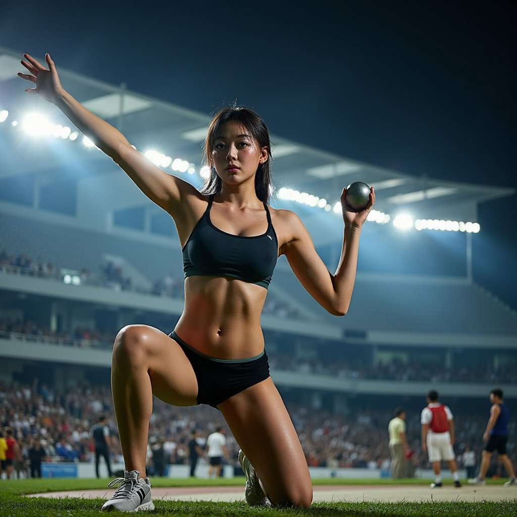 Knee-up image of a discus thrower in mid-warmup, arm stretch in foreground, blurred field backdrop, intense focus on movement prep
