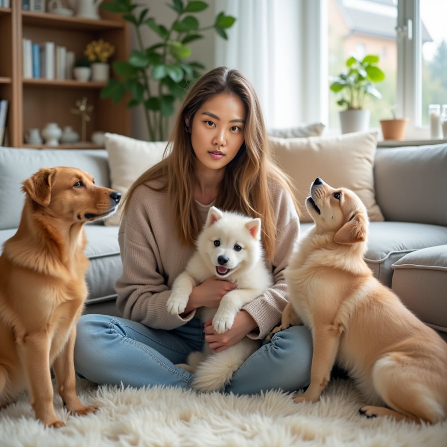 woman surrounded by playful furry friends, lovingly holding a cute puppy or kitten, in a cozy living room with natural light, soft pastel colors and minimalist decor