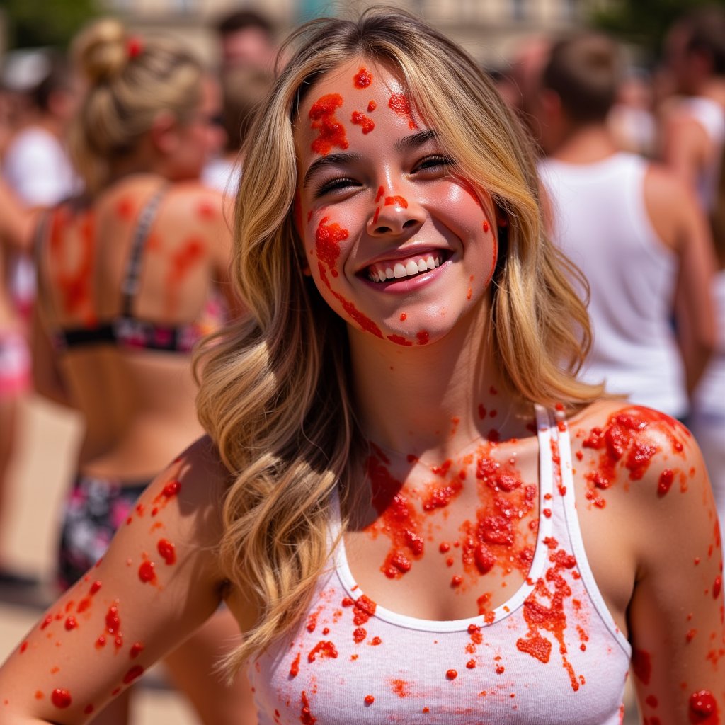 Knee-up portrait of a woman in a white tank top soaked with tomato sauce, one hand raised mid-throw, sunny outdoor light, La Tomatina energy