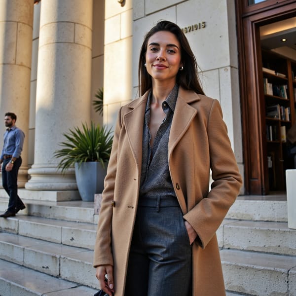 Wide establishing shot on courthouse steps, male attorney in a camel topcoat over a slate suit, scarf with fine twill pattern; hair neatly combed, clean shave; 24mm lens at waist height, golden hour backlight creating halo around coat edges; subtle motion blur of pedestrians while subject remains sharp; grand stone pillars and courthouse name etched in the distance; minimal clutter, highly detailed, highly realistic, HDR.