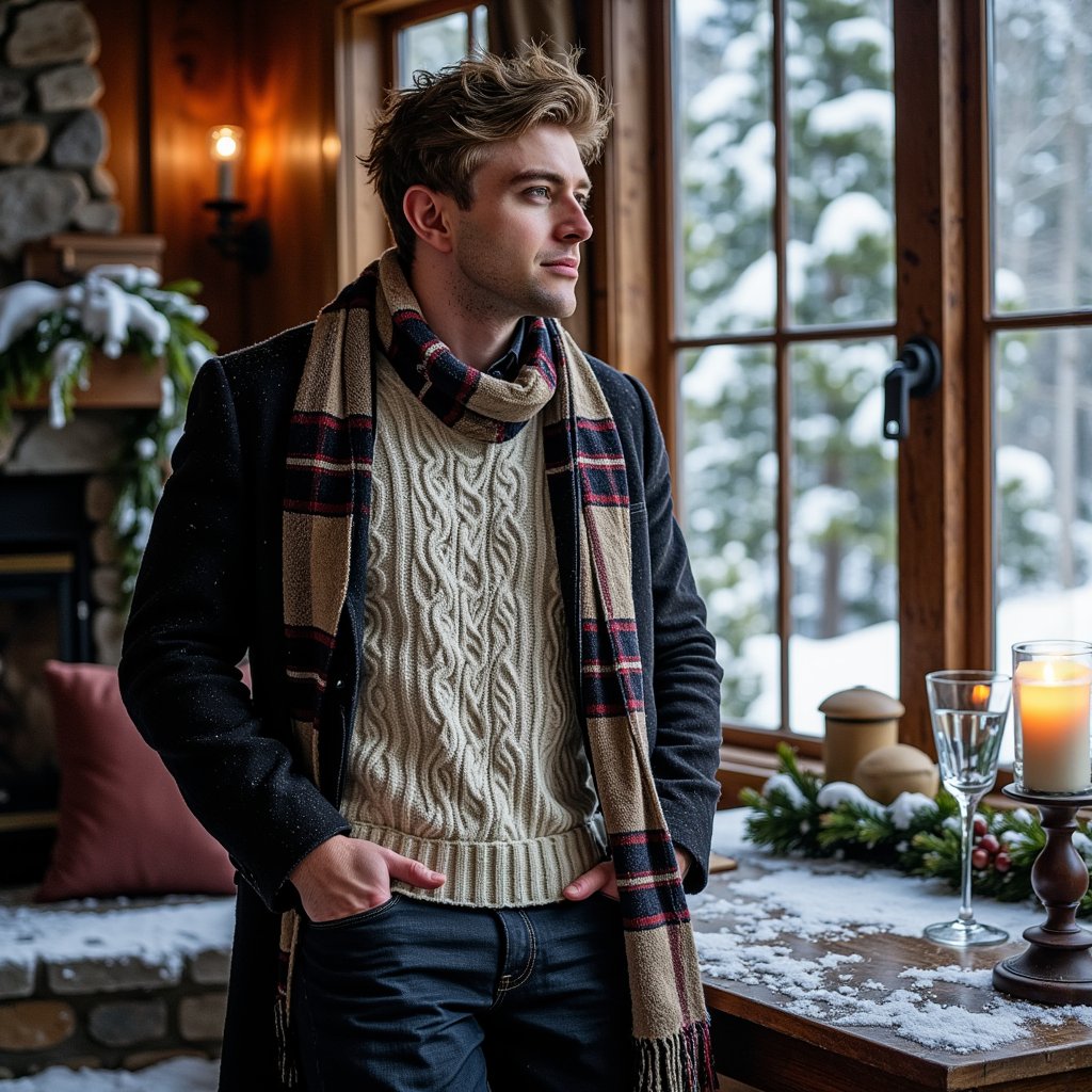Man standing on a snow-dusted stone terrace overlooking pine forest; body slightly turned, eyes into distance. Hairstyle: swept-back hair, trimmed beard with snow specks. Attire: dark wool overcoat layered over a cream cable-knit sweater, plaid scarf loosely wrapped. Fabric details: visible wool fibers, scarf weave, frost crystals. Camera: medium telephoto, 70mm, f/2.8. Lighting: soft overcast daylight, gentle edge light from snow reflection. Background: blurred snow-covered pines and lodge windows glowing faintly; minimal foreground clutter. Pose: hands in coat pockets, posture upright. Render: highly detailed, highly realistic, HDR; visible breath mist, true skin tone under cool light.