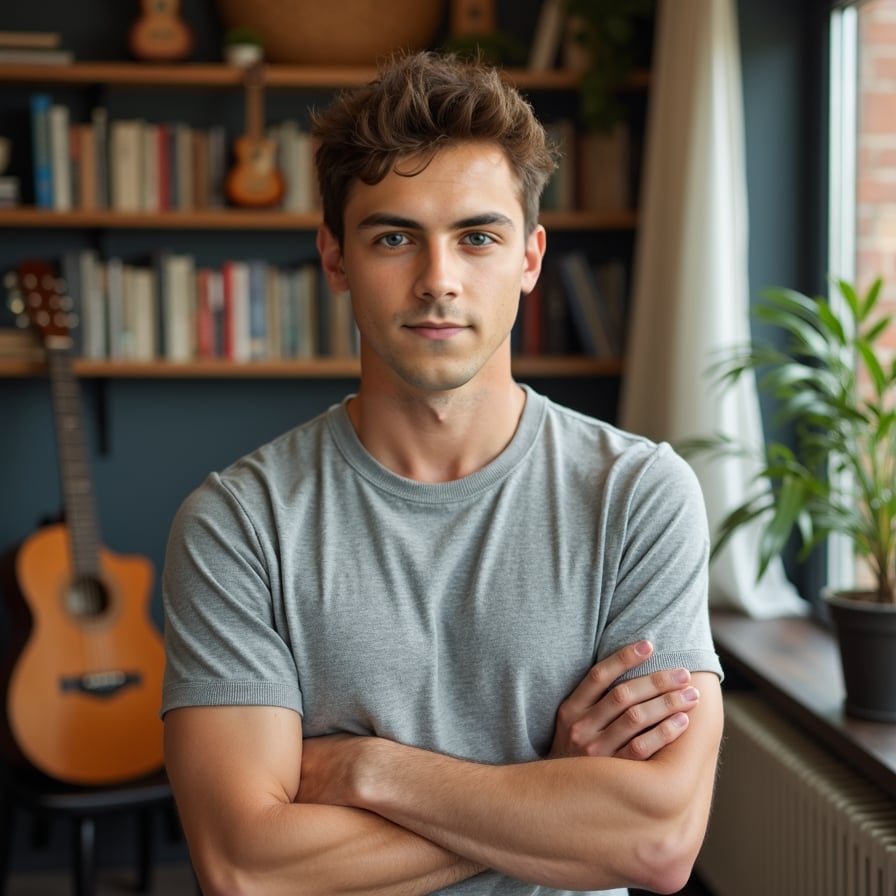 man that reflects his unique personality. He could be in a cozy indoor space with books or a guitar in the background, wearing a casual t-shirt or sweater. His expression is relaxed and genuine, conveying authenticity and charm