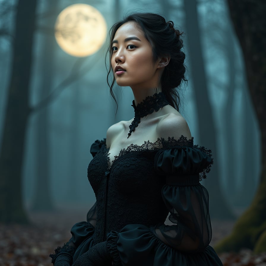 woman in luxurious Victorian-era inspired gown with intricate lace details, porcelain skin, dark eyeliner, posing in dimly lit, mysterious forest setting with subtle mist, under soft glow of full moon, romantic, eerie, mysterious, regal, refined.