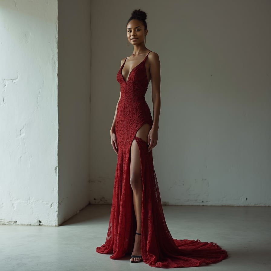 In a minimalist studio with a stark, monochromatic background, the model showcases a high-fashion outfit. Dramatic, high-contrast lighting emphasizes the textures and cuts of her clothing, while her direct gaze into the camera conveys confidence and strength.