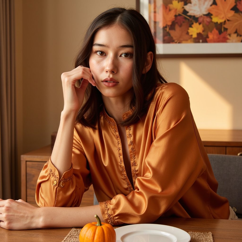 Highly detailed, highly realistic HDR image of a young woman (female, African-American, about 28 years old) seated at a wooden dining table. Waist-up framing at a slight three-quarter angle (camera slightly above eye level, looking down ~10°) so you see her face and upper torso. She wears a rich burnt-orange satin blouse with subtle sheen and delicate embroidery around the neckline, sleeves softly ruched; her hair is styled in shoulder-length loose curls, warm honey-brown highlights catching the light. Soft golden light from a nearby window to her right casts gentle shadows on the left side of her face; background is blurred (bokeh) with warm tones of autumn leaves on the out-of-focus background wall décor, minimal clutter. On the table in front of her is a single small pumpkin-shaped gourd and an elegant white ceramic plate (just peeking into frame). Facial details: faint freckles across her cheeks, natural light makeup with a soft rose-tone lip, long natural lashes, and subtle glint in her dark brown eyes. The blouse fabric shows fine threads, slight folds at the elbows, the satin texture catching the light. Background: warm beige wall, one out-of-focus framed print of autumn foliage, neutral and uncluttered. The image conveys calm gratitude and warmth.