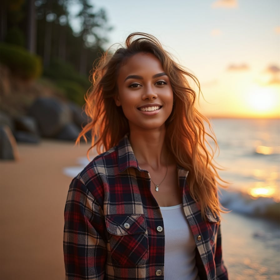 woman standing by a forest trail or beach at sunset. She is dressed in casual outdoor wear, like a flannel shirt or jacket, with her hair slightly windswept. Her smile is bright and carefree, reflecting her vibrant and adventurous personality