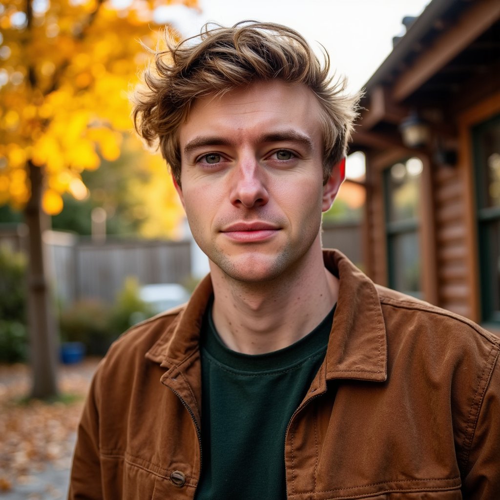 Hyperrealistic, highly detailed, HDR close-up portrait of a man (male, ~29 yrs) standing outdoors during golden hour. Camera head-and-shoulders, eye-level. He wears a brown suede jacket over a dark forest-green shirt; light wind slightly moves his short, textured hair. Warm sunlight filters through amber leaves behind, producing a glowing rim light along his shoulders. The background fades into creamy bokeh of gold and burnt-orange tones. His expression calm, faint smile lines around his mouth, eyes softly squinting from light. Fine beard stubble, natural skin tone, suede texture visible in lifelike detail. HDR, high resolution, high quality, highly detailed, photorealistic.