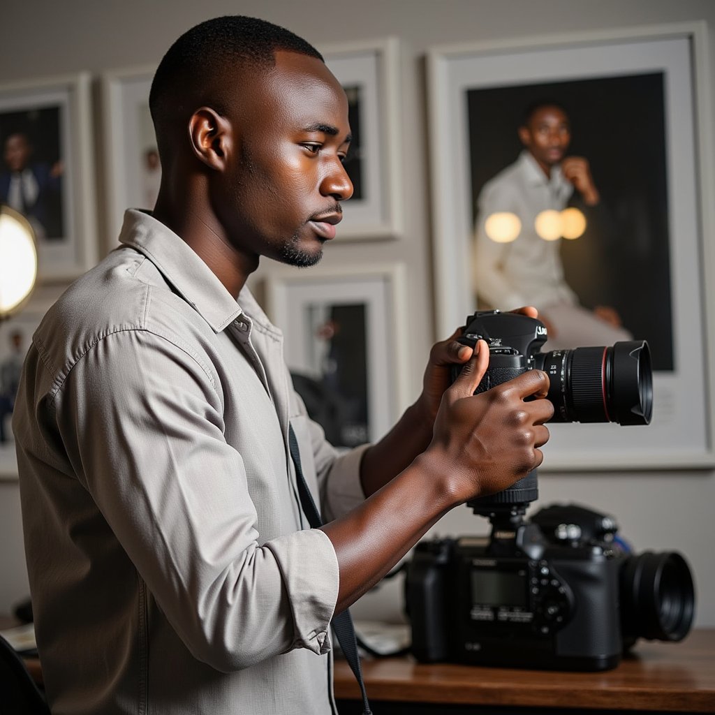 Professional-looking portrait of a male photographer adjusting camera settings, side profile, shallow depth of field, modern creator look