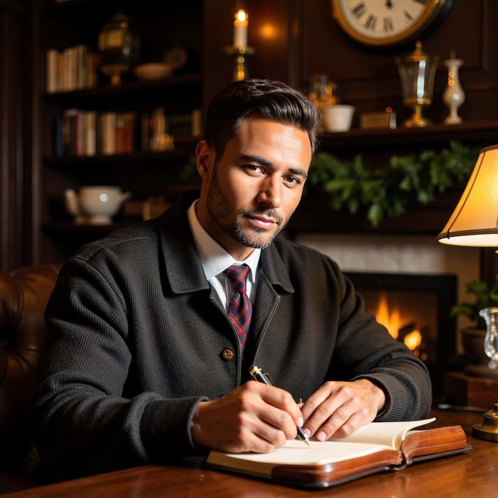 Man at a vintage mahogany desk writing in a leather-bound notebook, soft lamplight on his face. Hairstyle: side-part, slightly undone; faint stubble. Attire: thick wool cardigan over white oxford shirt, plaid tie loosened. Fabric details: wool knit definition, cotton creases, polished leather edge of notebook. Camera: side angle, 70mm, f/2.2. Lighting: single warm brass lamp key, shadows cast across hands and pages. Background: blurred bookshelves, clock, faint holiday garland—balanced composition. Pose: leaned forward, focused expression.
Render: highly detailed, highly realistic, HDR; light reflecting on ink pen, paper grain visible, lifelike ambiance.