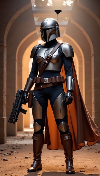 A futuristic bounty hunter in Mandalorian-style armor with helmet off, holding a blaster confidently, standing in a dimly lit spaceship hangar with sci-fi textures, sparks and dust in the air, desert hints of Tatooine in the background, heroic expression
