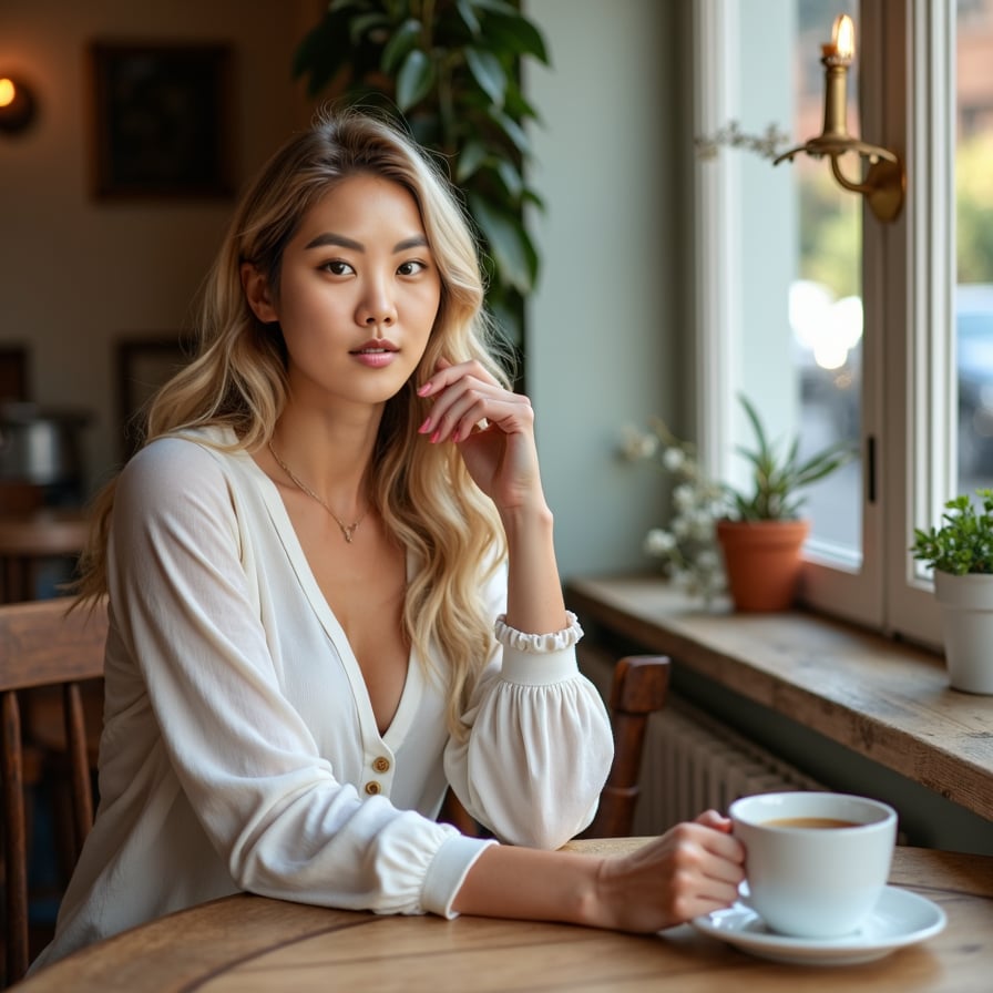 woman with a soft, playful expression. She is styled in comfortable, elegant clothing, sitting in a well-lit room with a cup of coffee or leaning against a rustic wooden fence. The image should highlight her natural charm and relatability