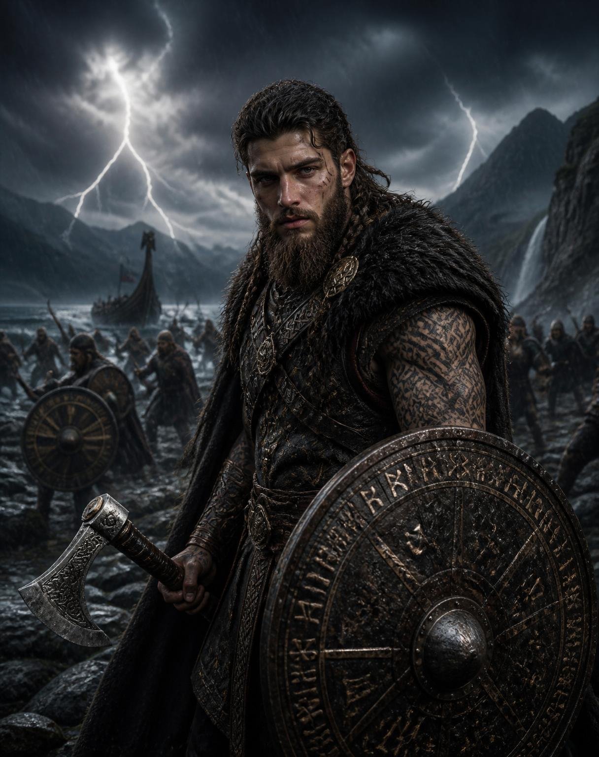 A fierce Viking warrior in the midst of battle, with braided hair, a long beard, and intricate Nordic tattoos. He wields a battle axe and a round shield with rune symbols. The scene is dramatic, set against a dark, stormy sky, with lightning illuminating the rugged landscape. In the background, other warriors fight, their silhouettes visible through the rain. The style is highly detailed, evoking a sense of epic, ancient strength and raw intensity