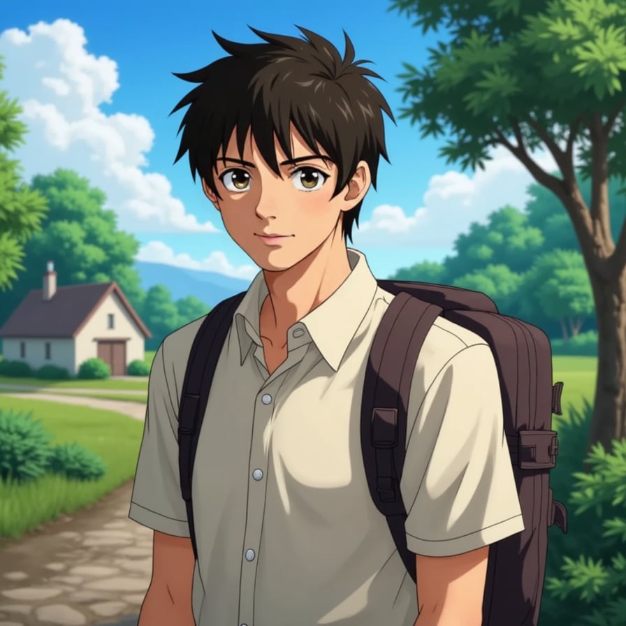 A detailed and exact visual replication of an iconic Studio Ghibli scene prominently featuring a male character, preserving the original colors, composition, atmosphere, and artistic style of the animation