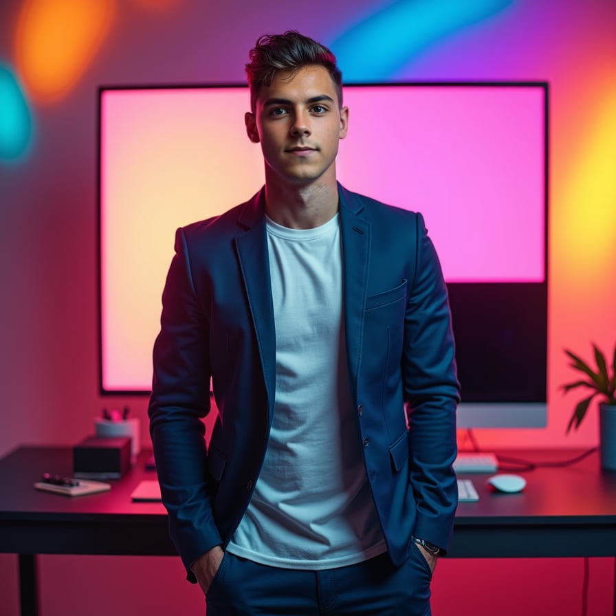 man with a confident and slightly playful expression, posed against a vibrant, multi-colored backdrop. He is wearing casual or sporty attire, and the image includes room for text overlays. The thumbnail should stand out on YouTube, Instagram, and other platforms